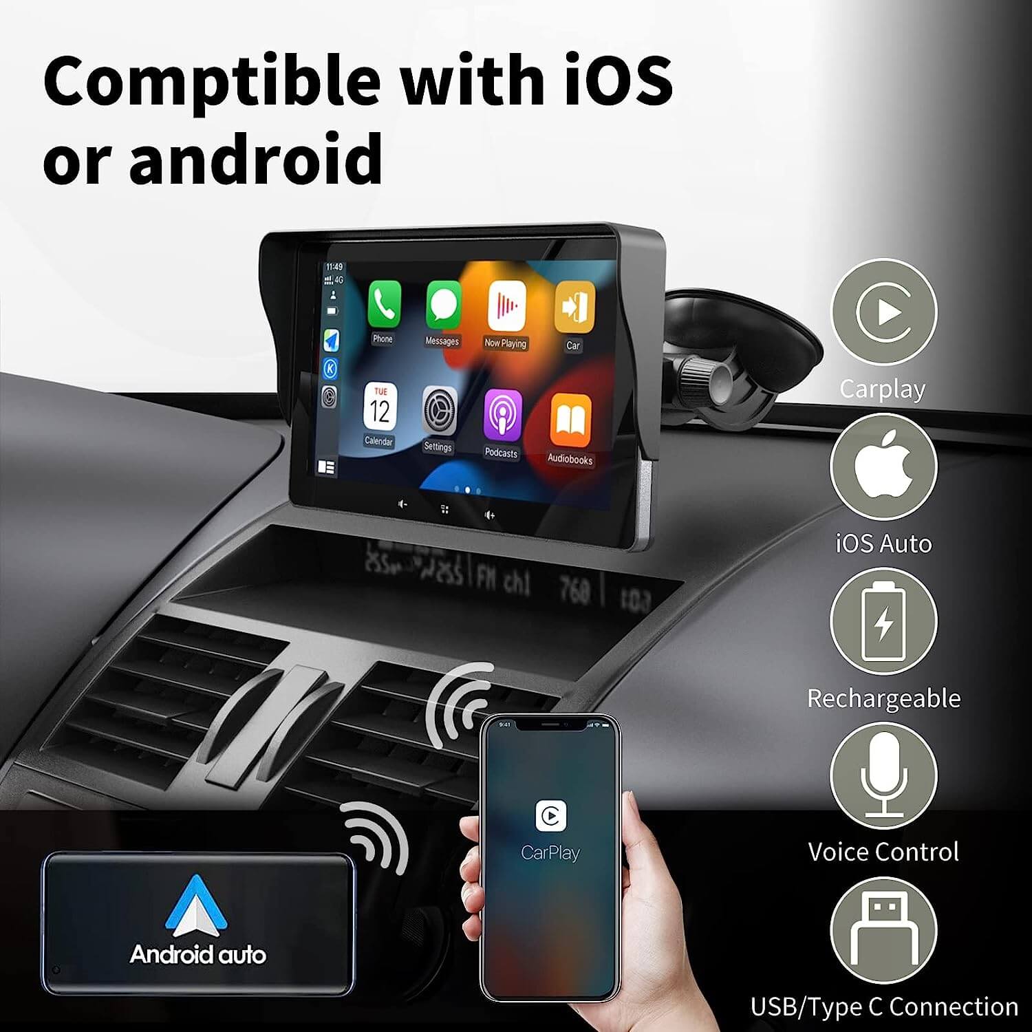 7" /10.2" Touchscreen Car Display with Free Rear View Camera